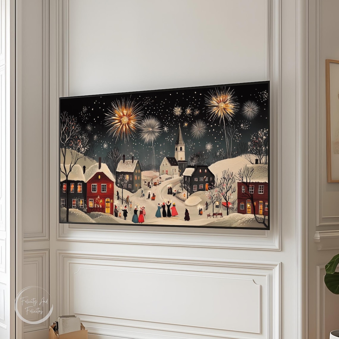 New Years Eve Fireworks Snowy Village Church Night Vintage Poster - Image 3