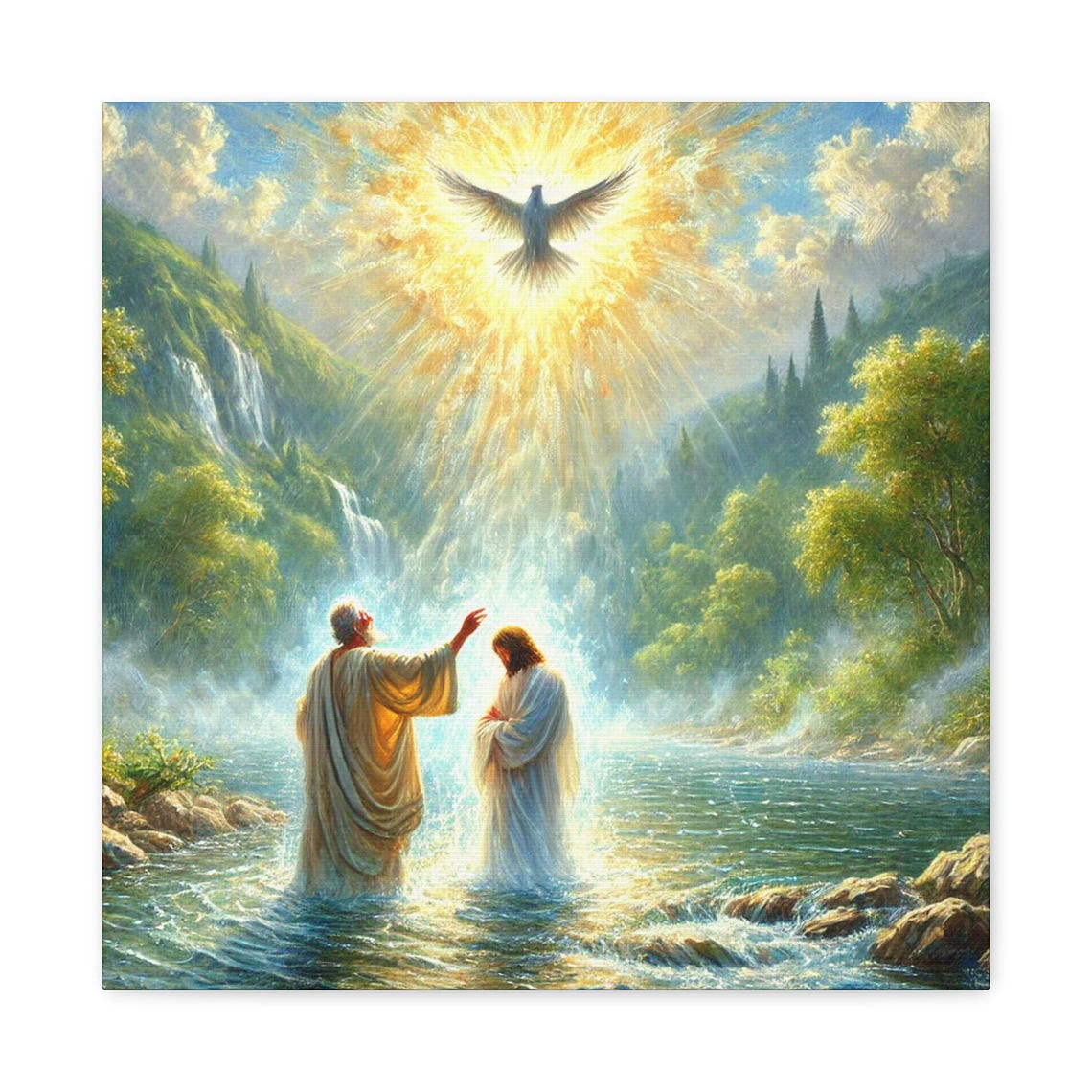 Baptism of Jesus Holy Spirit Dove Waterfall River Scene Poster