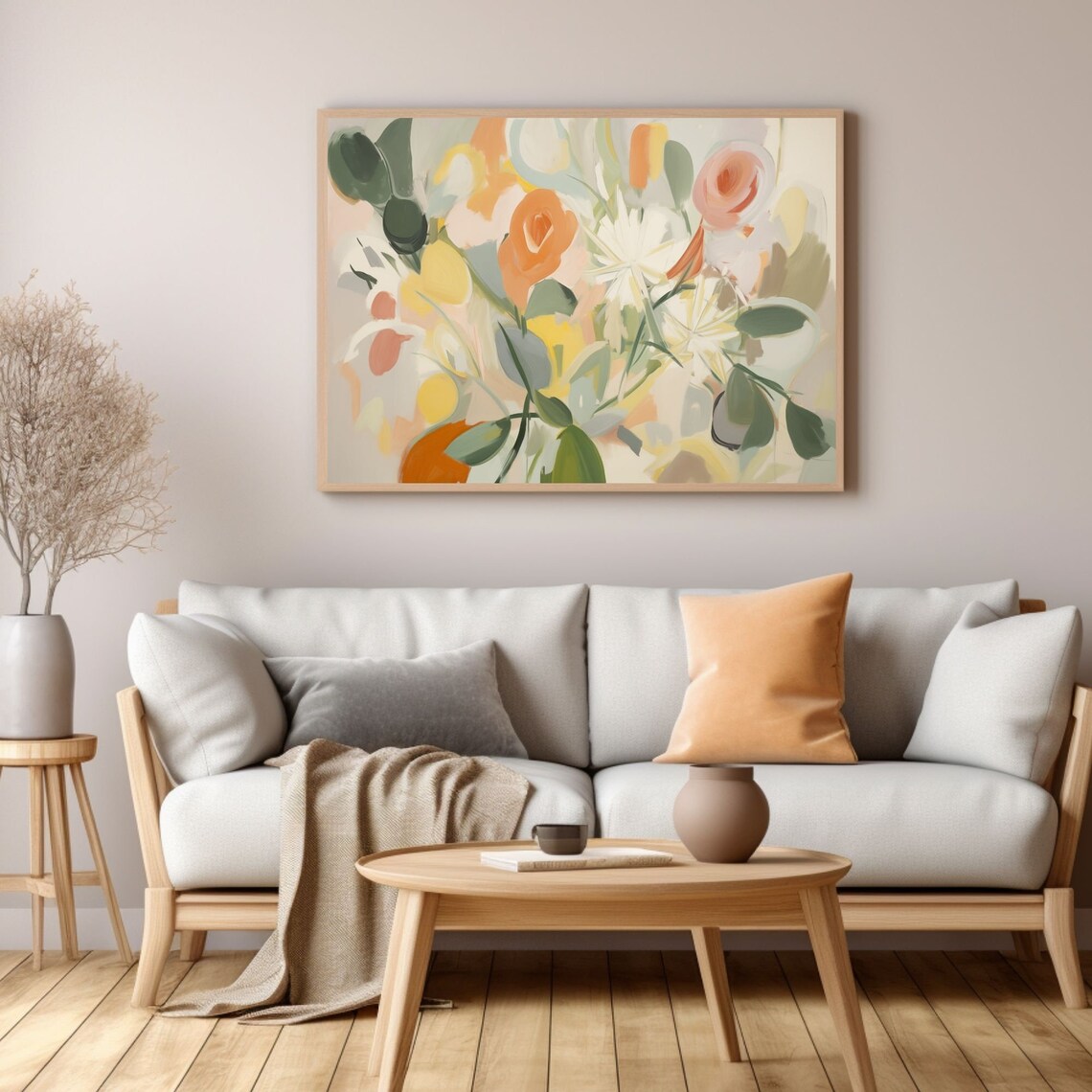 Neutral Abstract Floral Field with Roses and White Blooms Poster - Image 3