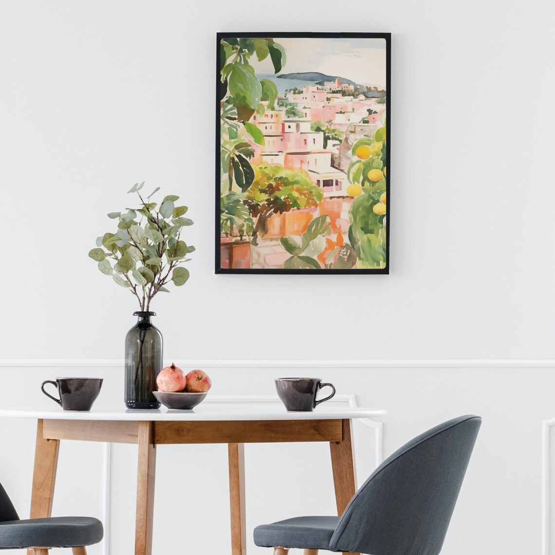 Positano Italy Watercolor View Framed By Lemon Leaves Poster - Image 3
