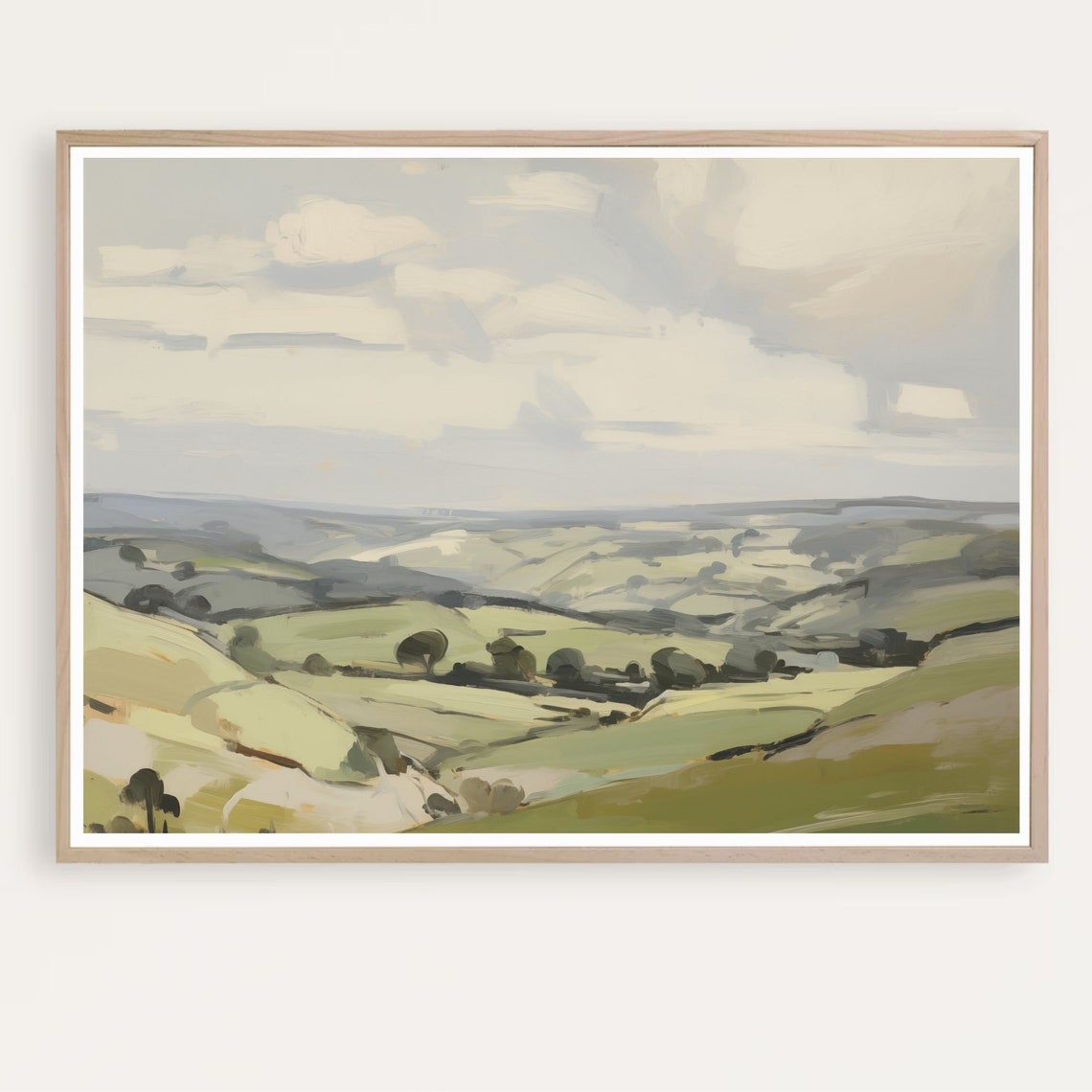Muted Green Rolling Hills Under Cloudy Sky Rustic Landscape Poster