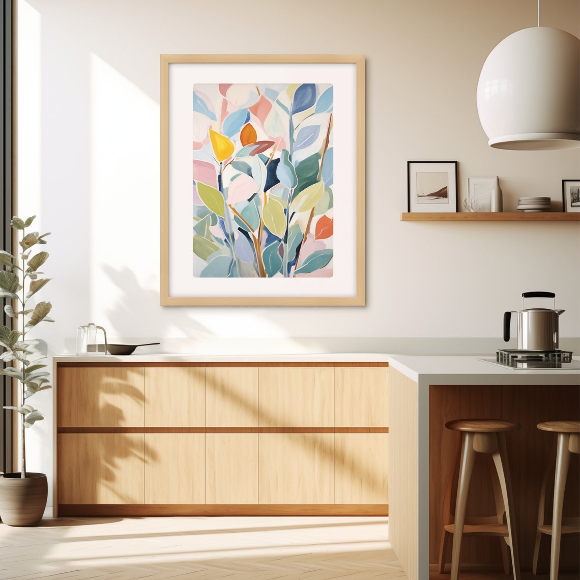 Abstract Botanical Leaves in Pastel Blue and Coral Tones Poster - Image 3