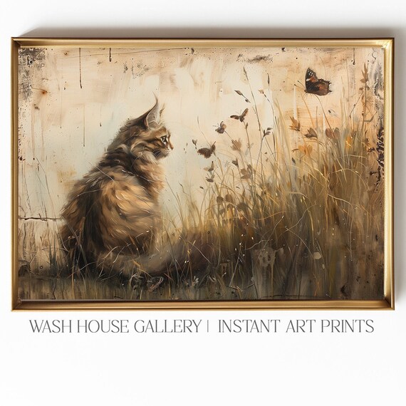 Long Haired Cat Watching Butterflies in a Golden Meadow Poster