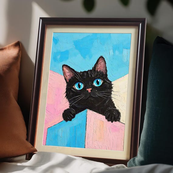Playful Black Cat With Blue Eyes Geometric Pastel Oil Wall Art