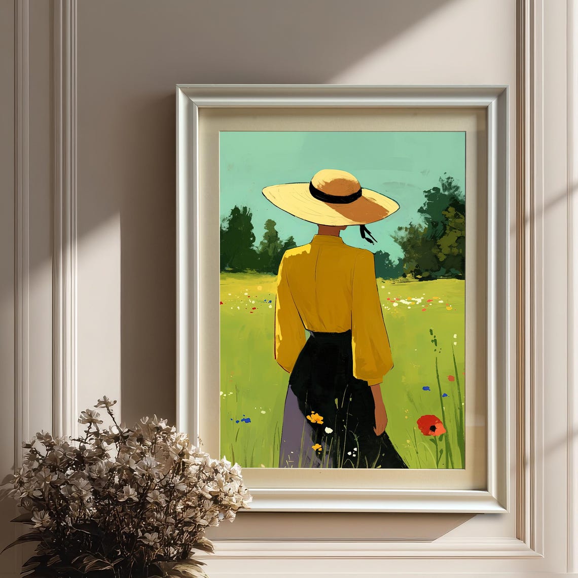Woman in Straw Sun Hat Walking Wildflower Field Illustration Poster
