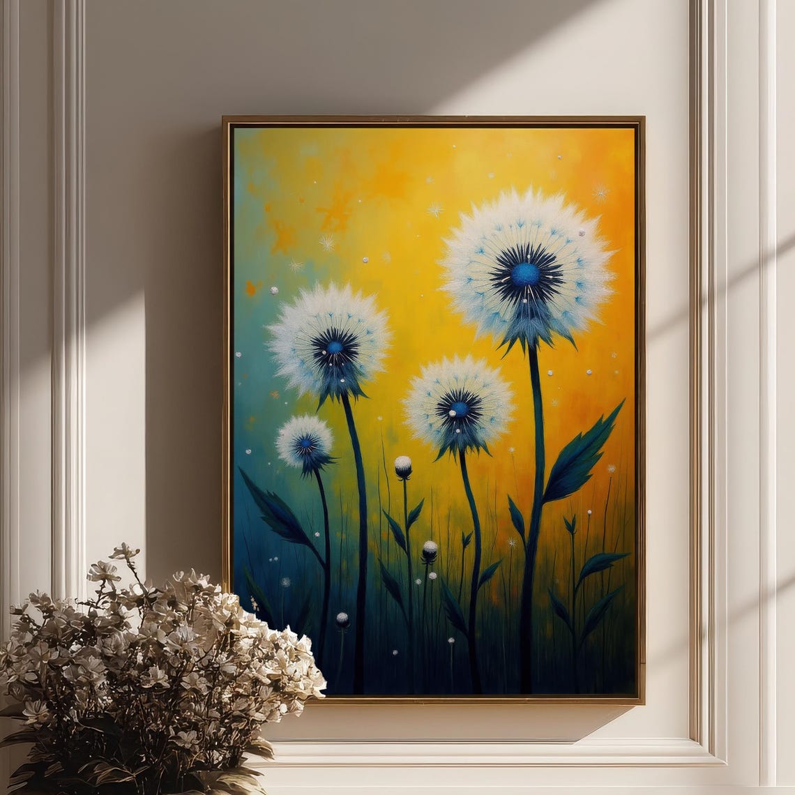 Striking Blue Centered Dandelions Against Golden Yellow Art Poster