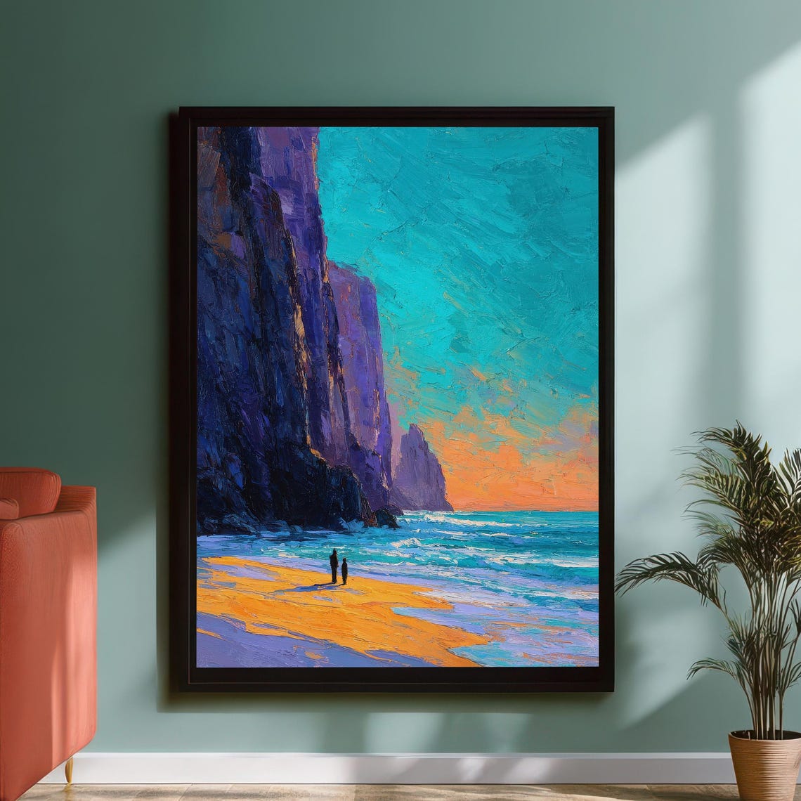 Two Figures on Sunset Beach Beneath Purple Cliffs Oil Poster