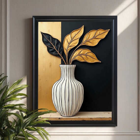 Botanical Gicle Art Print Gold Black Leaves Wood Frame