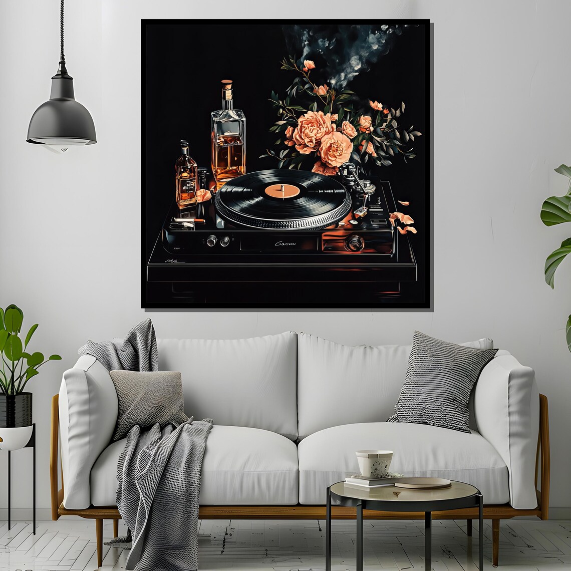 Vintage Turntable Whiskey Bottles And Roses, Retro Jazz Lounge - Image 2
