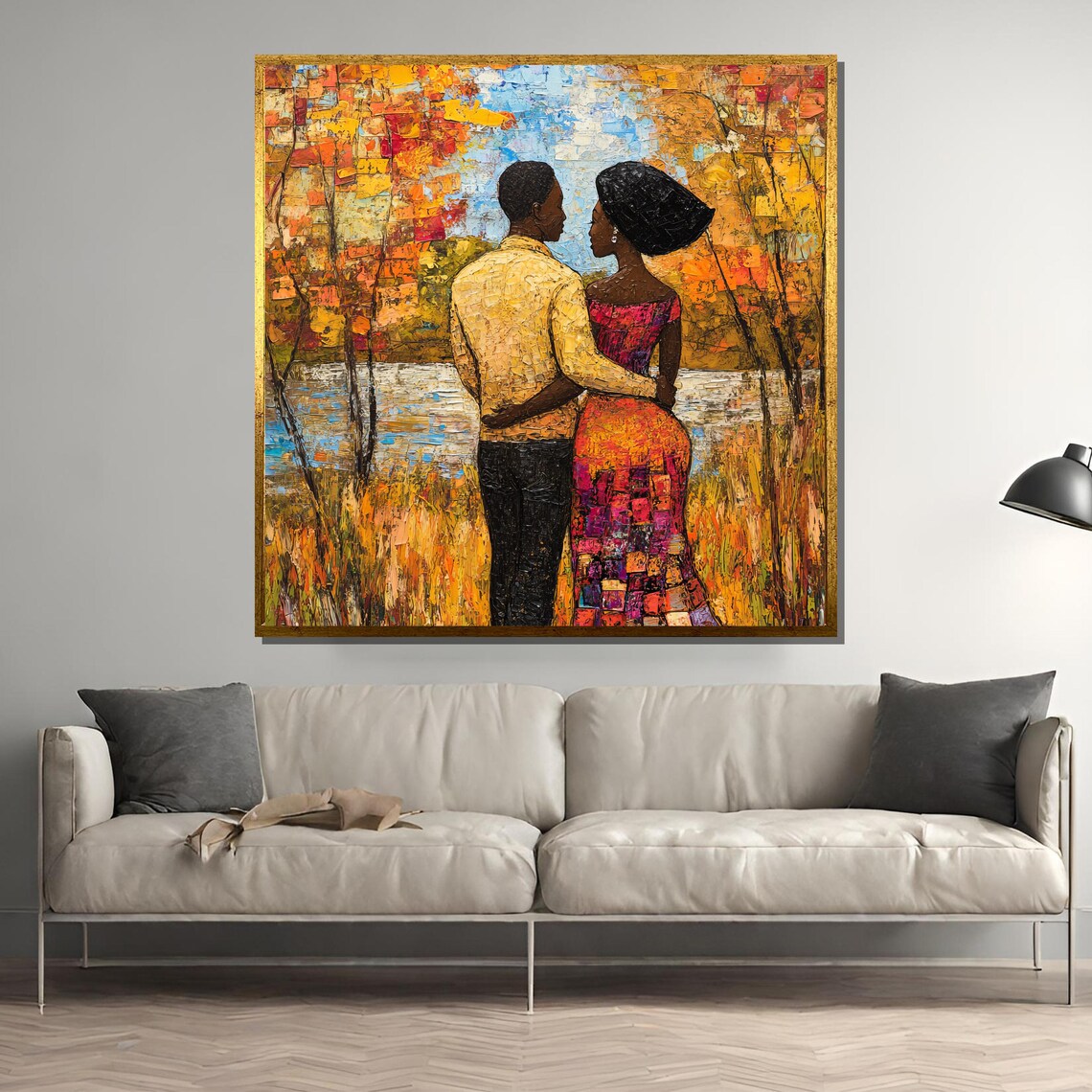 African Couple In Autumn Landscape, Romantic Painting