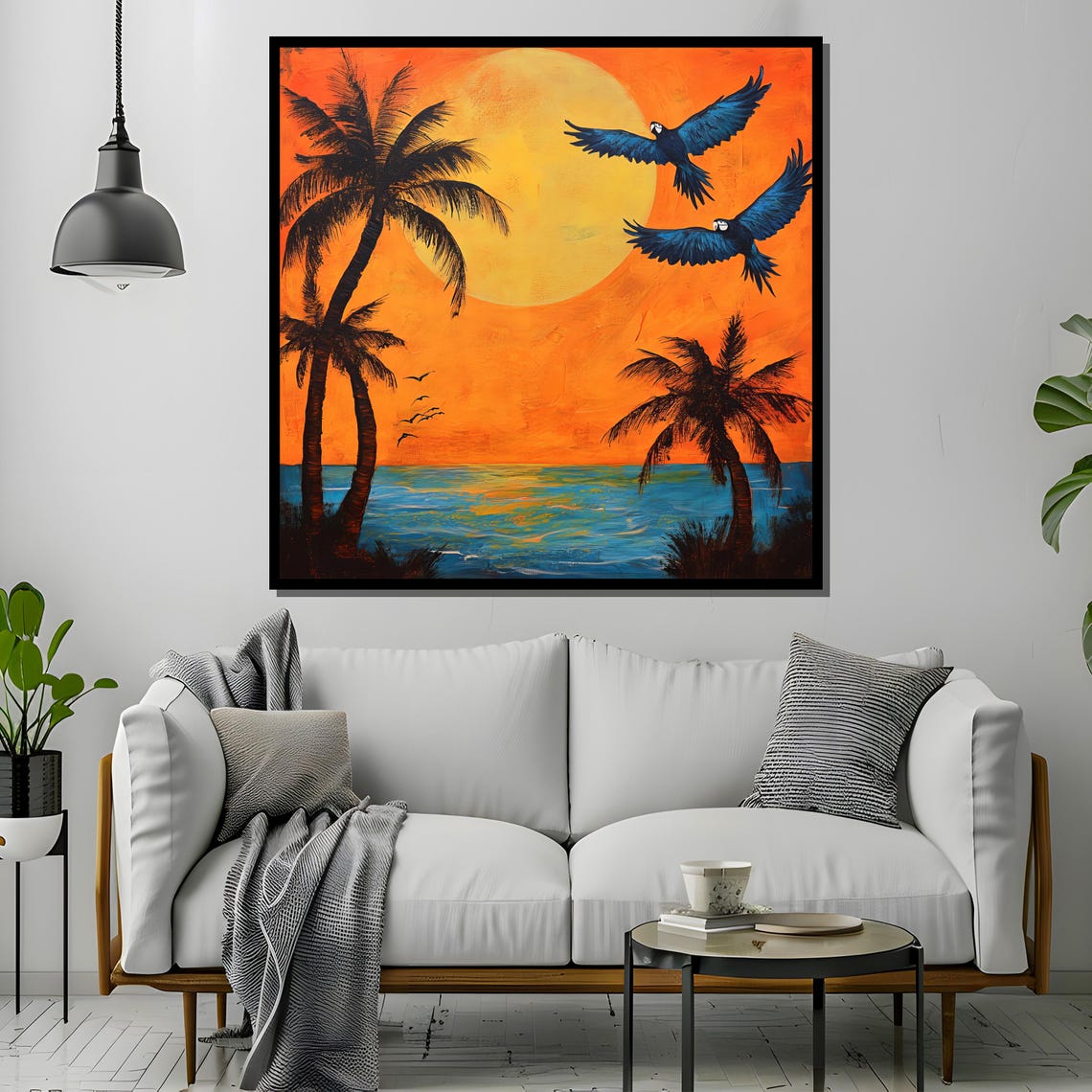 Tropical Sunset Palm Trees and Flying Macaws Art Print - Image 2