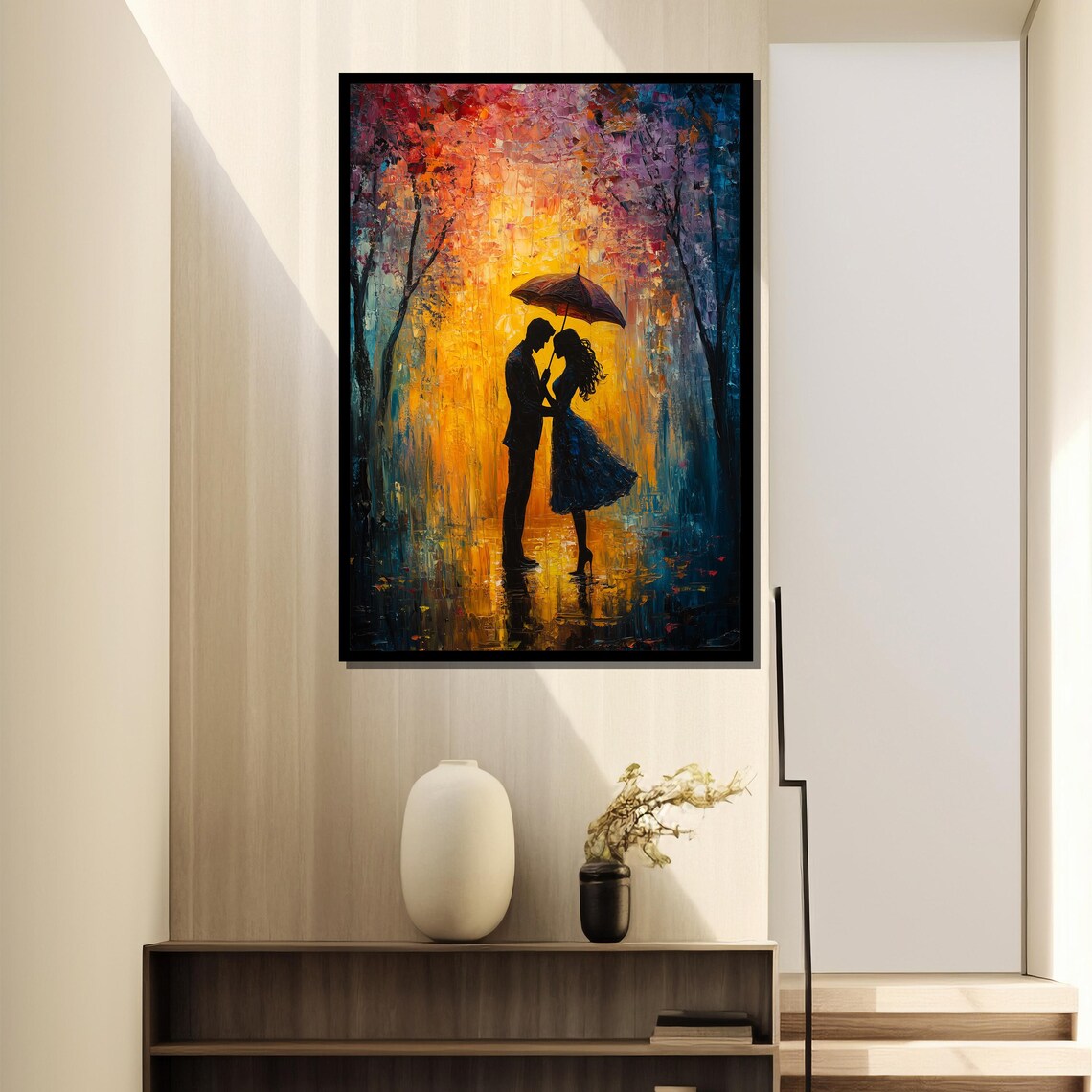 Romantic Couple Under Red Umbrella, Abstract Oil Painting - Image 2