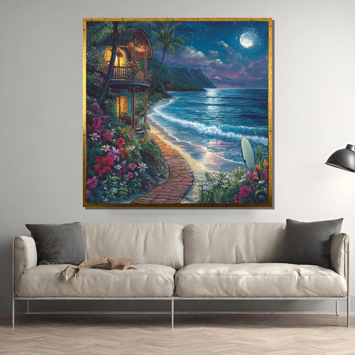 Moonlit Tropical Beach Cottage, Romantic Night Scene