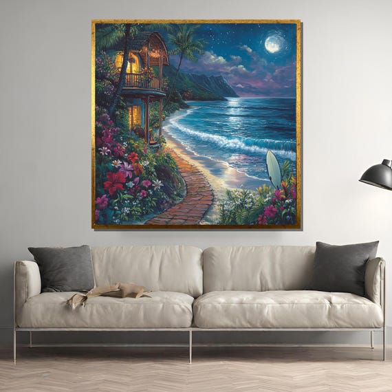 Moonlit Tropical Beach Cottage, Romantic Night Scene