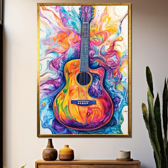 Acoustic Guitar Wall Art, Vibrant Watercolor Music Print