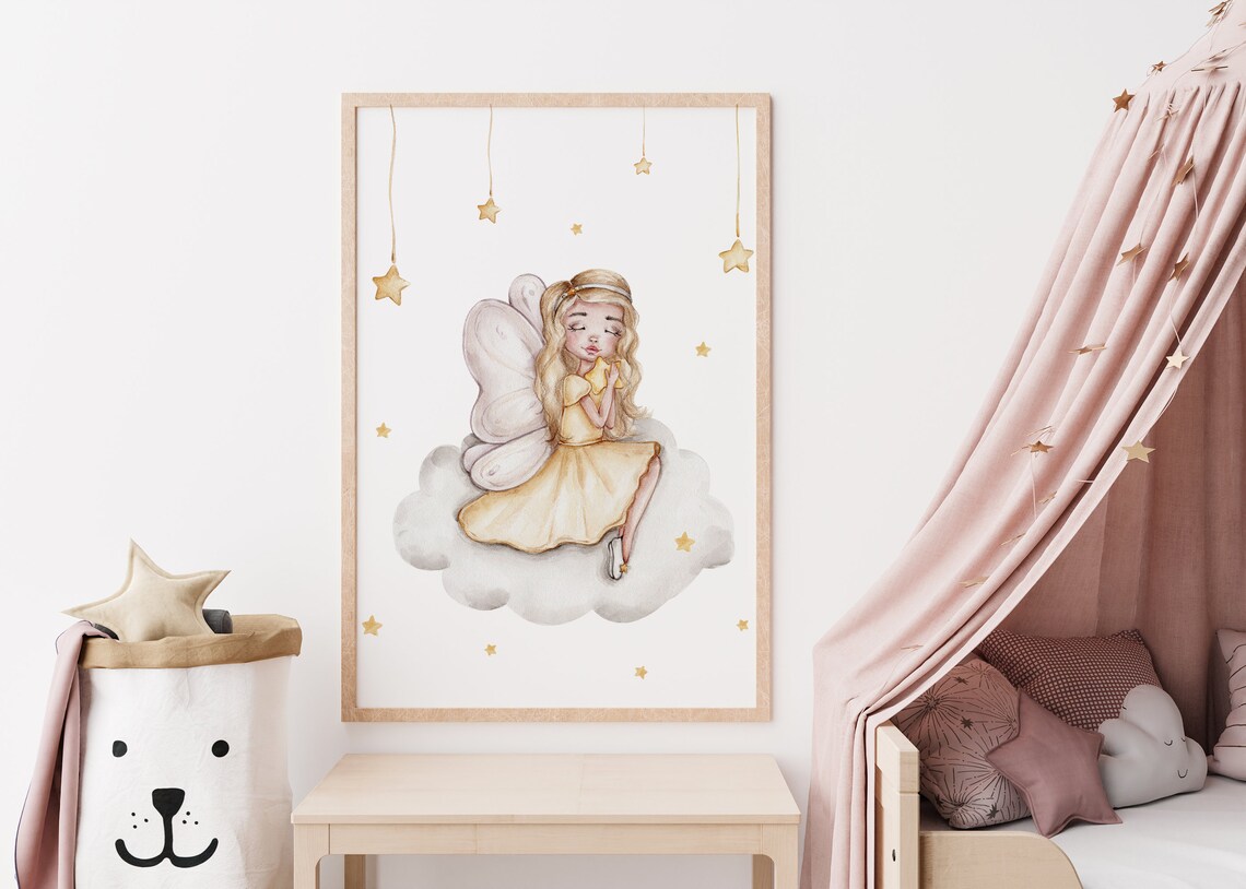 Watercolor Fairy on a Cloud With Stars Nursery Girls Room Poster - Image 3