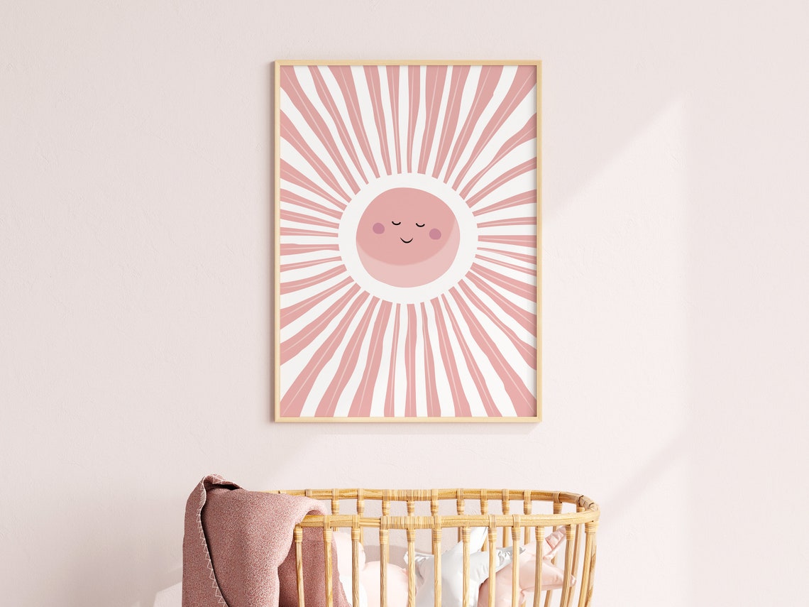 Pink Boho Sun With Smiling Face Radiating Rays Nursery Wall Art - Image 3