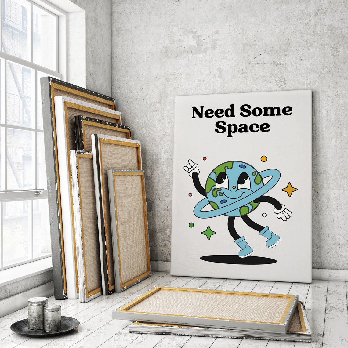 Need Some Space Retro Poster Motivation Home Office Print Inspirational Quote Therapy Earth Cartoon Groovy Poster - Image 2