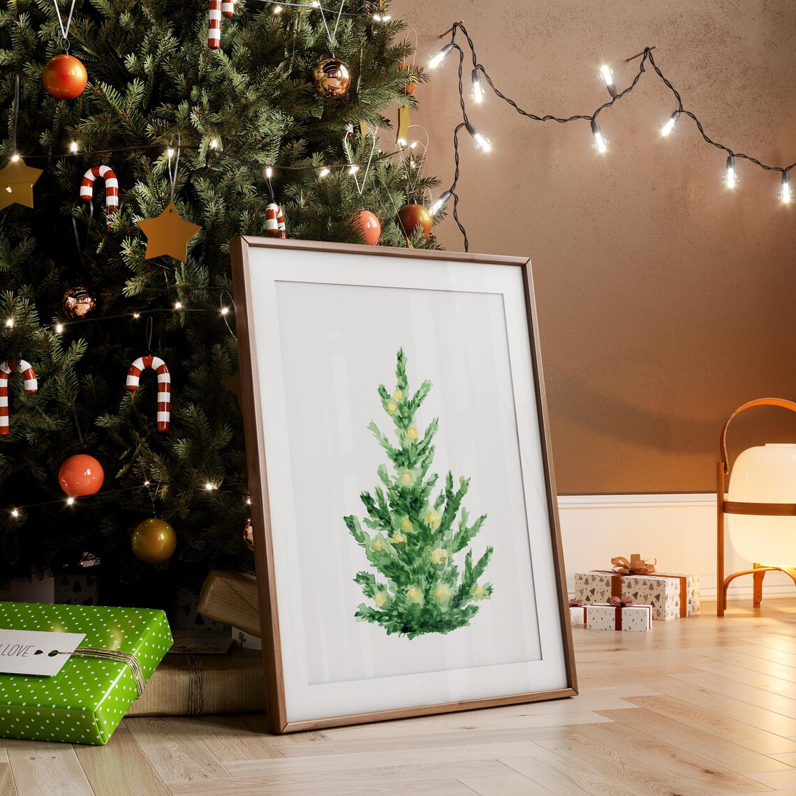 Watercolor Christmas Tree Glowing Lights Minimalist Holiday Poster - Image 3