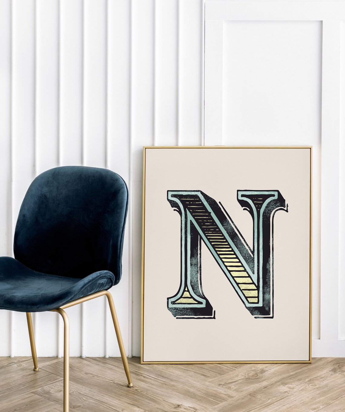Letter N Mint Black Gold Deco Alphabet Typography Vintage Bedroom Poster - Image 3