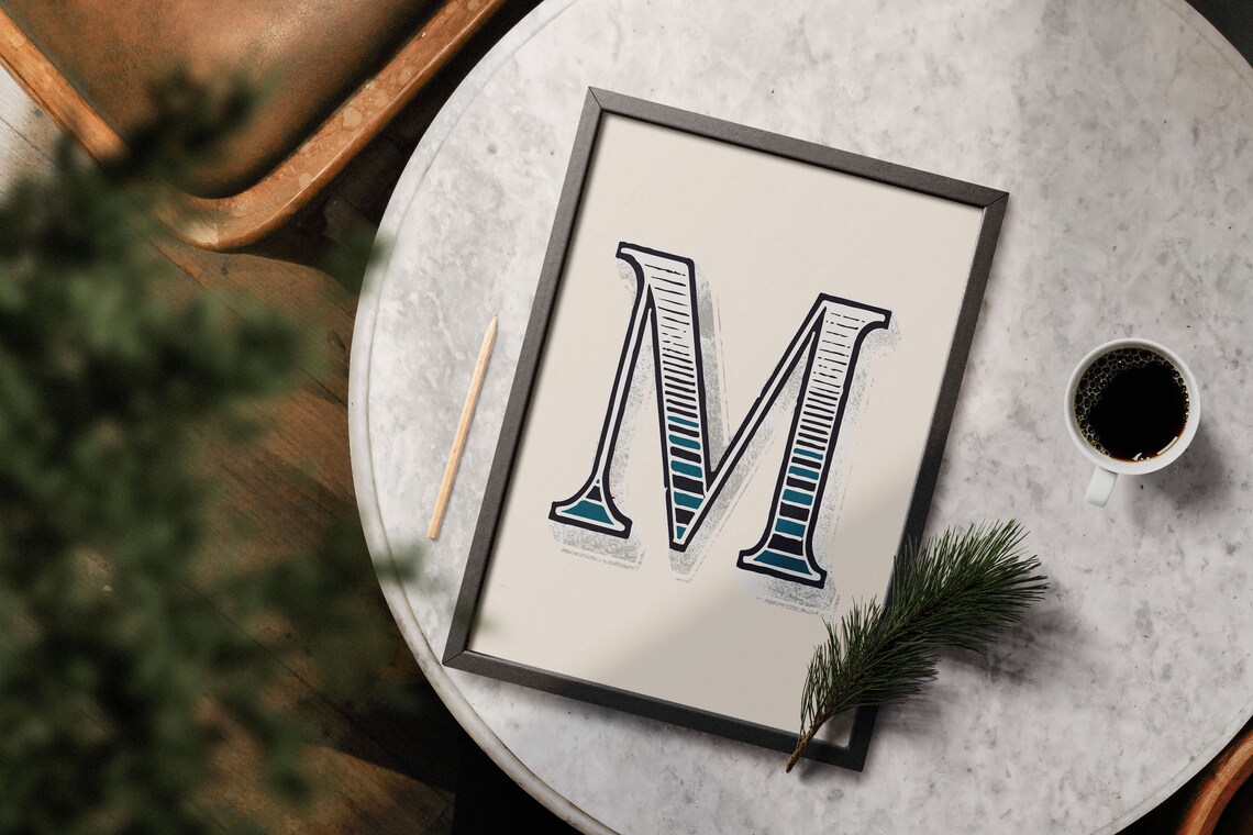 Letter M Navy Teal Striped Deco Alphabet Typography Eclectic Wall Decor Poster - Image 5