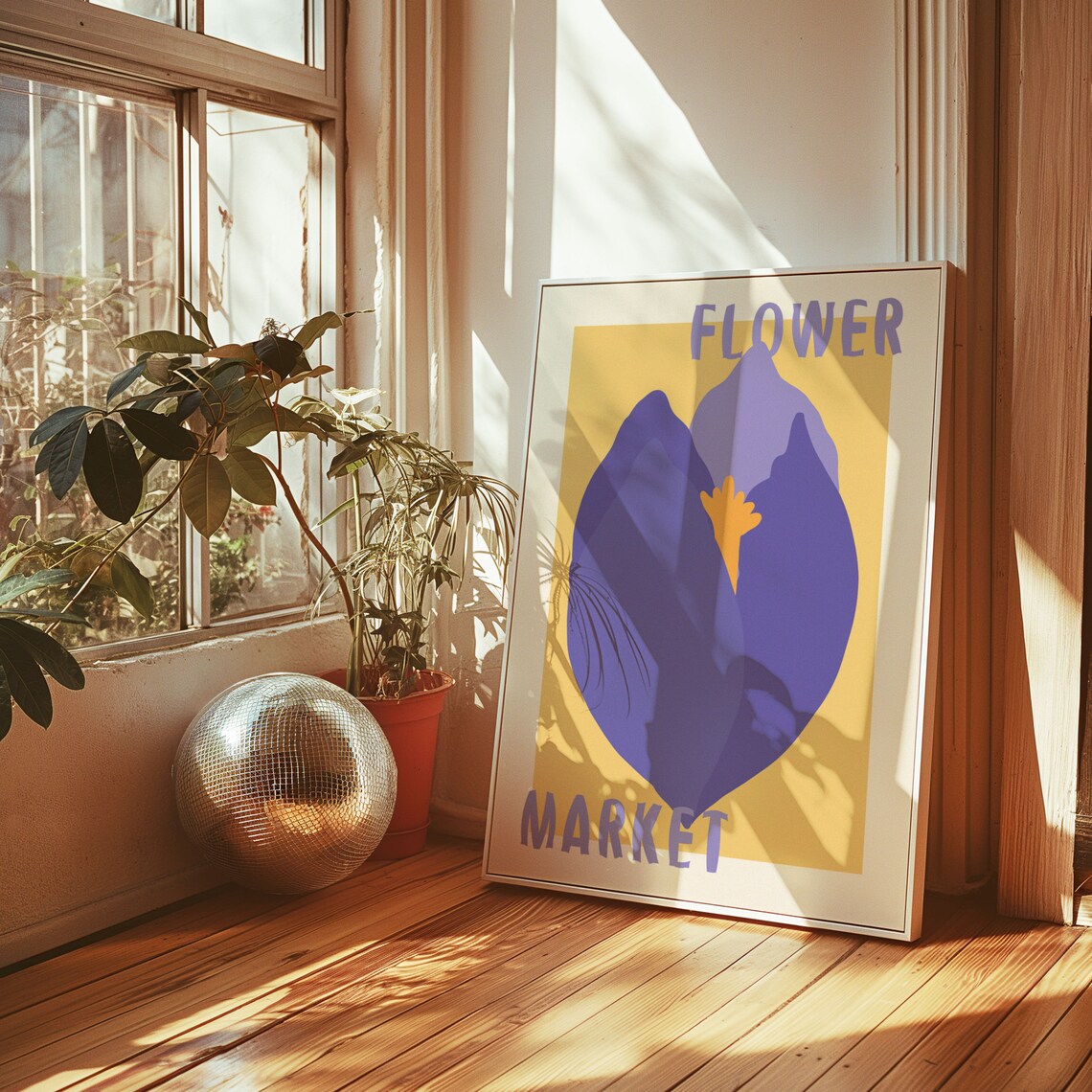 Purple Iris Blossom on Yellow Retro Flower Market Art Poster