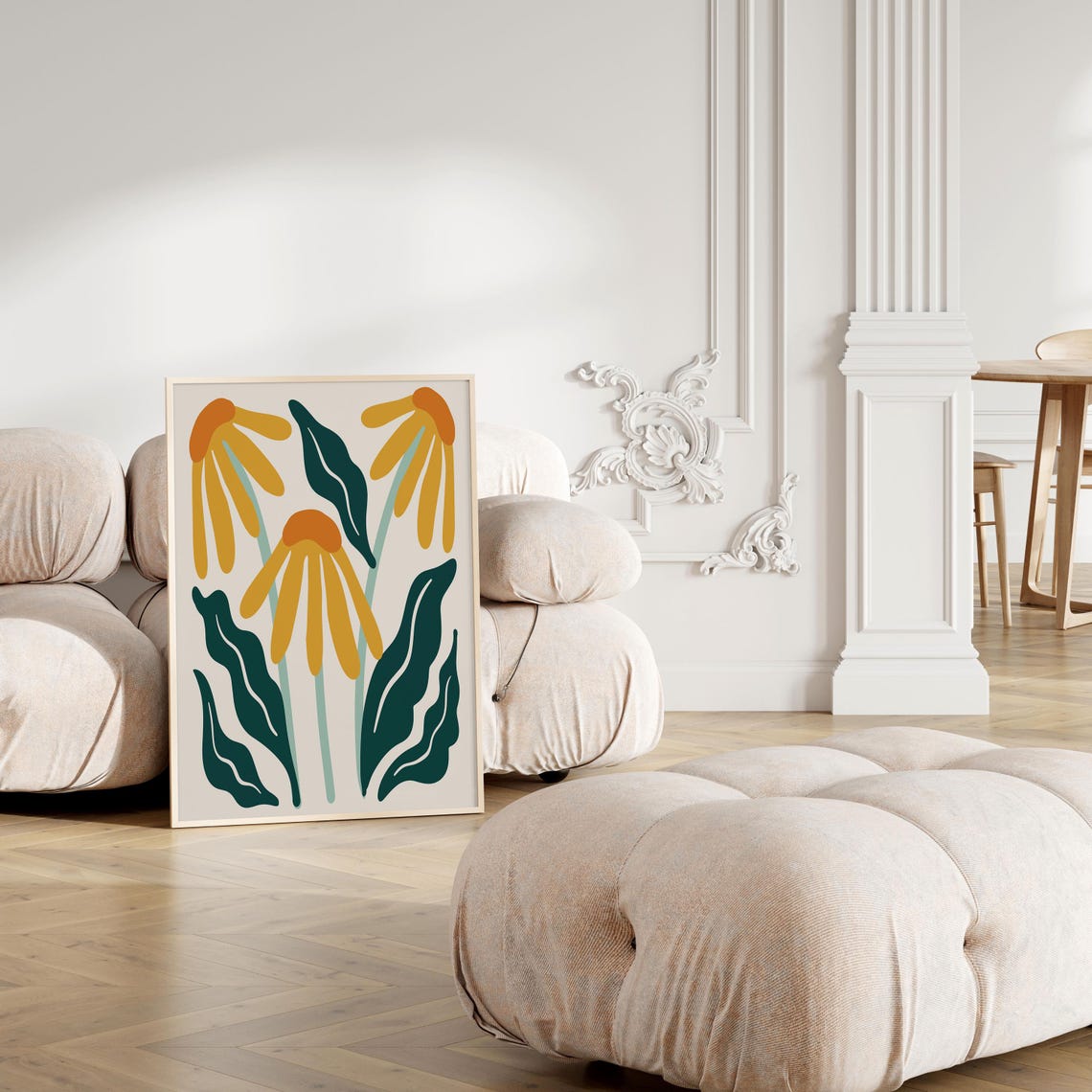 Drooping Daisy Botanical Poster with Mustard Blooms and Teal Leaves - Image 4