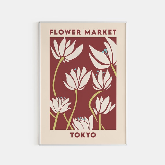 Tokyo Flower Market Maroon Background Print White Lily Floral Art