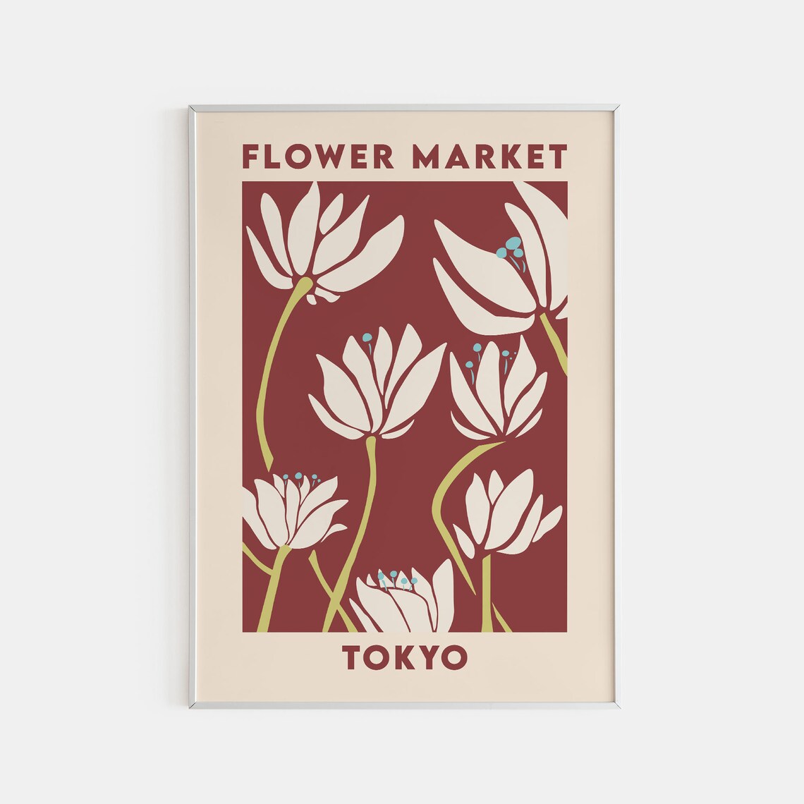 Tokyo Flower Market Maroon Background Print White Lily Floral Art
