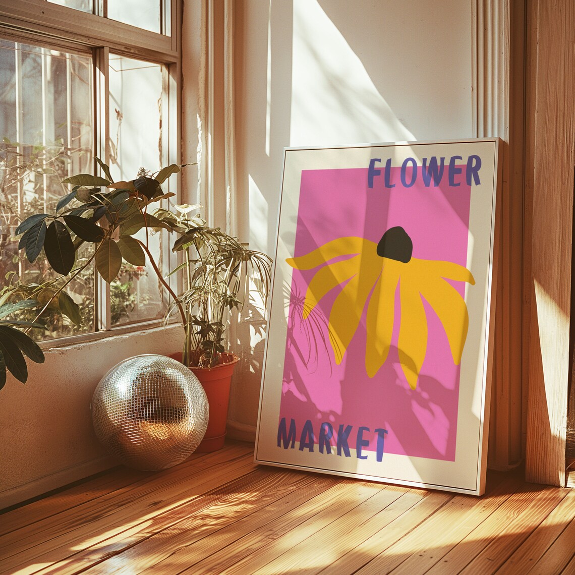 Yellow Coneflower on Hot Pink Retro Flower Market Art Poster