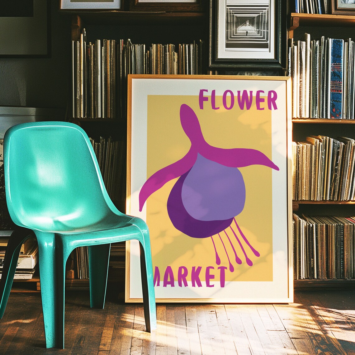 Purple Fuchsia Bloom on Yellow Retro Flower Market Art Poster - Image 4