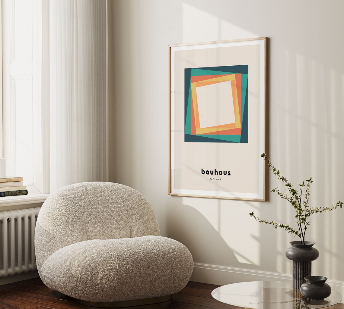 Vintage Retro Teal and Orange Layered Square Bauhaus Weimar Poster - Image 2