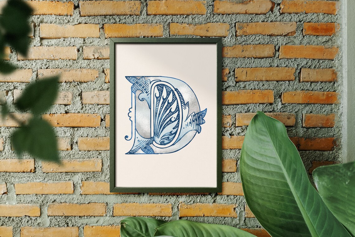 Letter D Dusty Blue Seashell Etched Alphabet Typography Beach Decor Poster - Image 2
