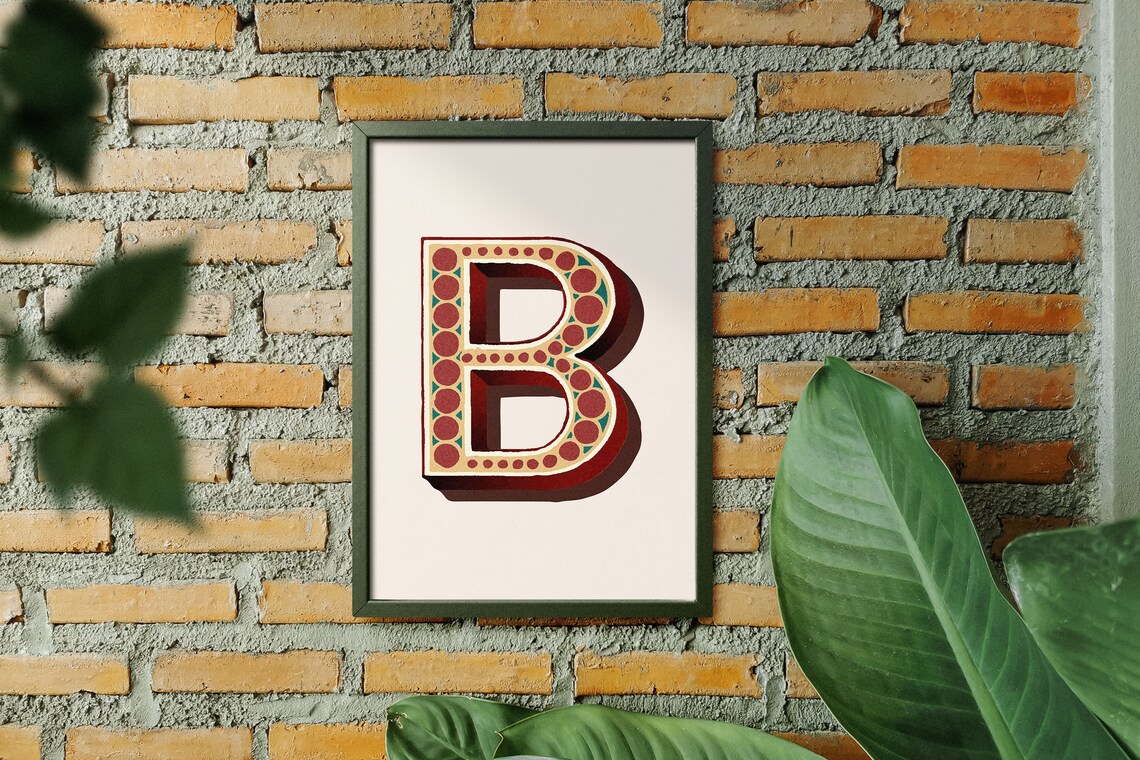 Letter B Maroon Dotted Circus Style Alphabet Typography Vintage Art Poster - Image 3