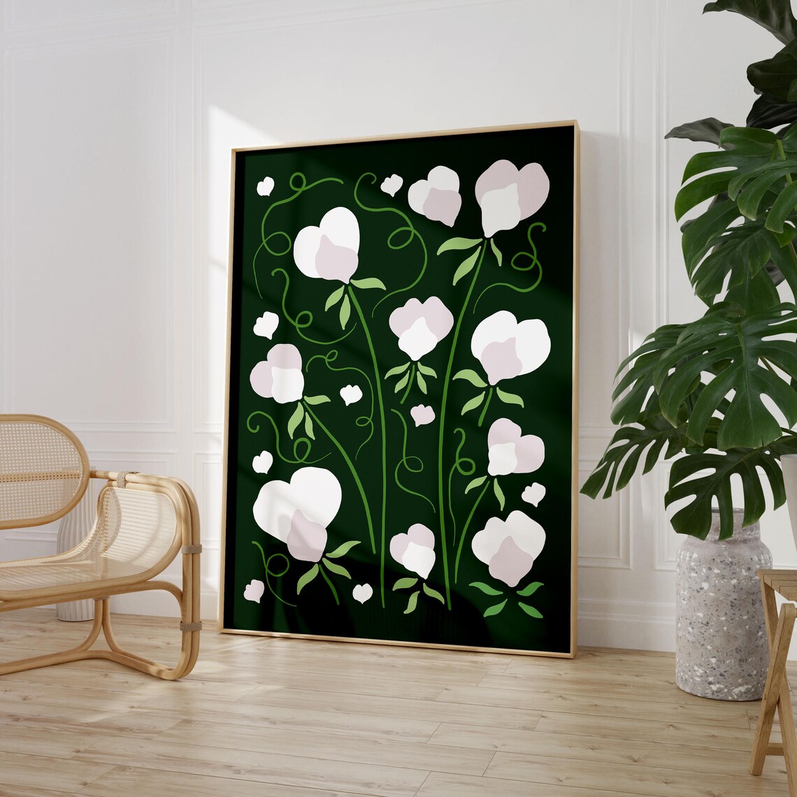 White Sweet Pea Moody Dark Green Botanical Illustration Poster