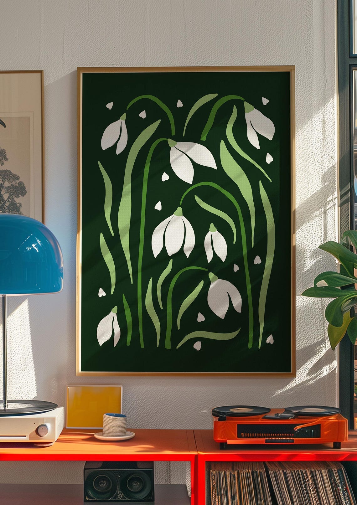 White Snowdrops on Dark Forest Green Modern Botanical Poster - Image 4