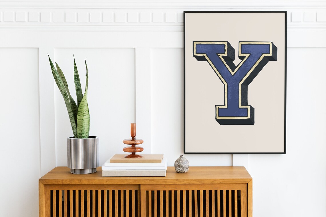 Letter Y Navy Blue 3D Collegiate Alphabet Typography Boys Room Decor Poster - Image 5
