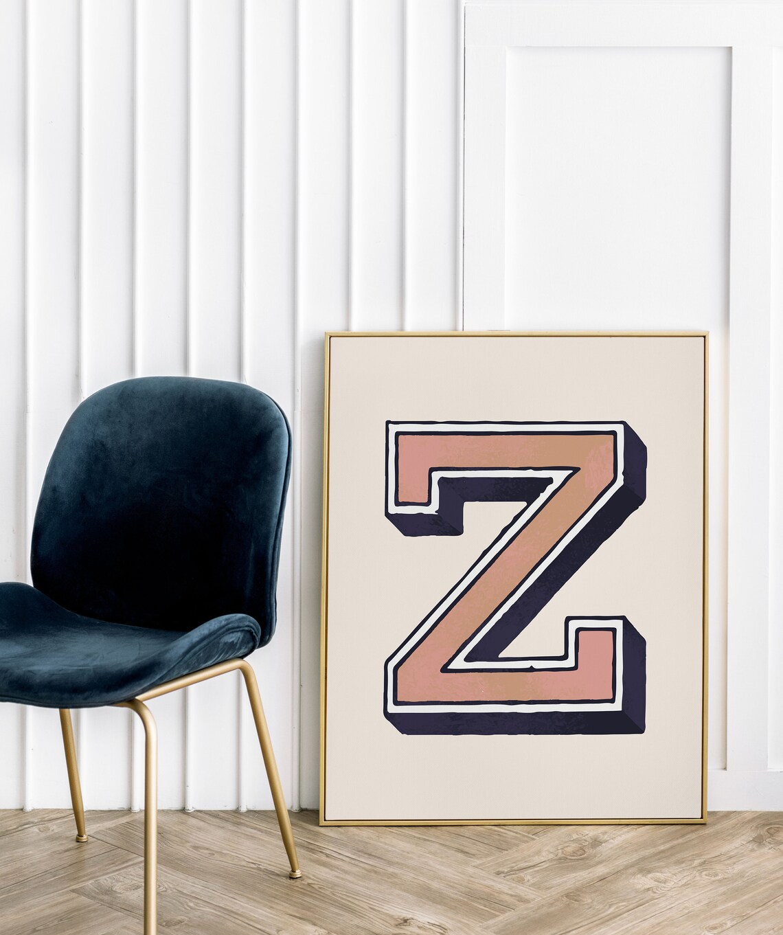 Letter Z Coral Navy 3D Collegiate Alphabet Typography Nursery Decor Poster - Image 5