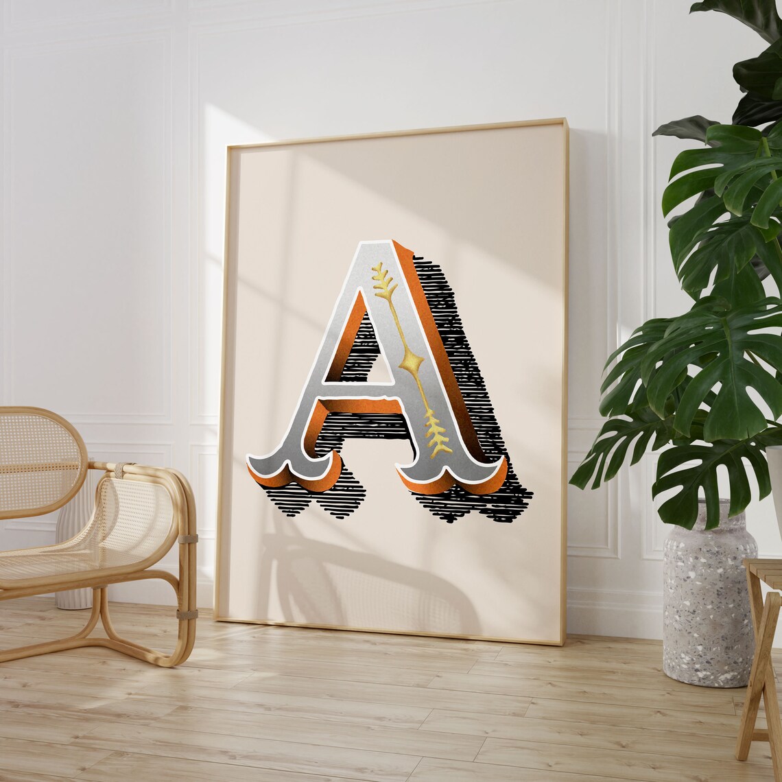 Letter A Orange Gold Serif Alphabet Typography Eclectic Home Decor Poster