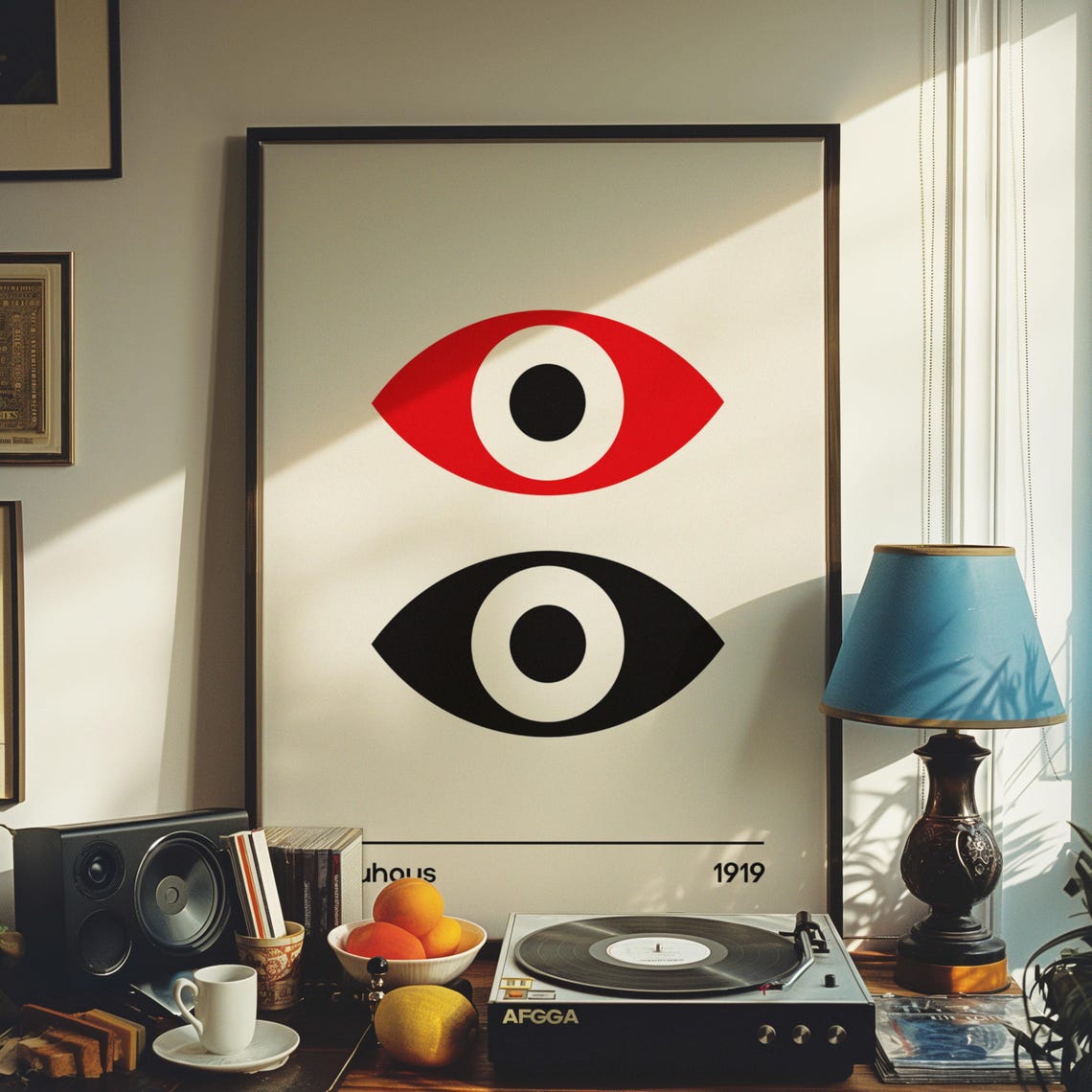 Bauhaus 1919 Double Eye Geometric Poster Red and Black on Cream - Image 4