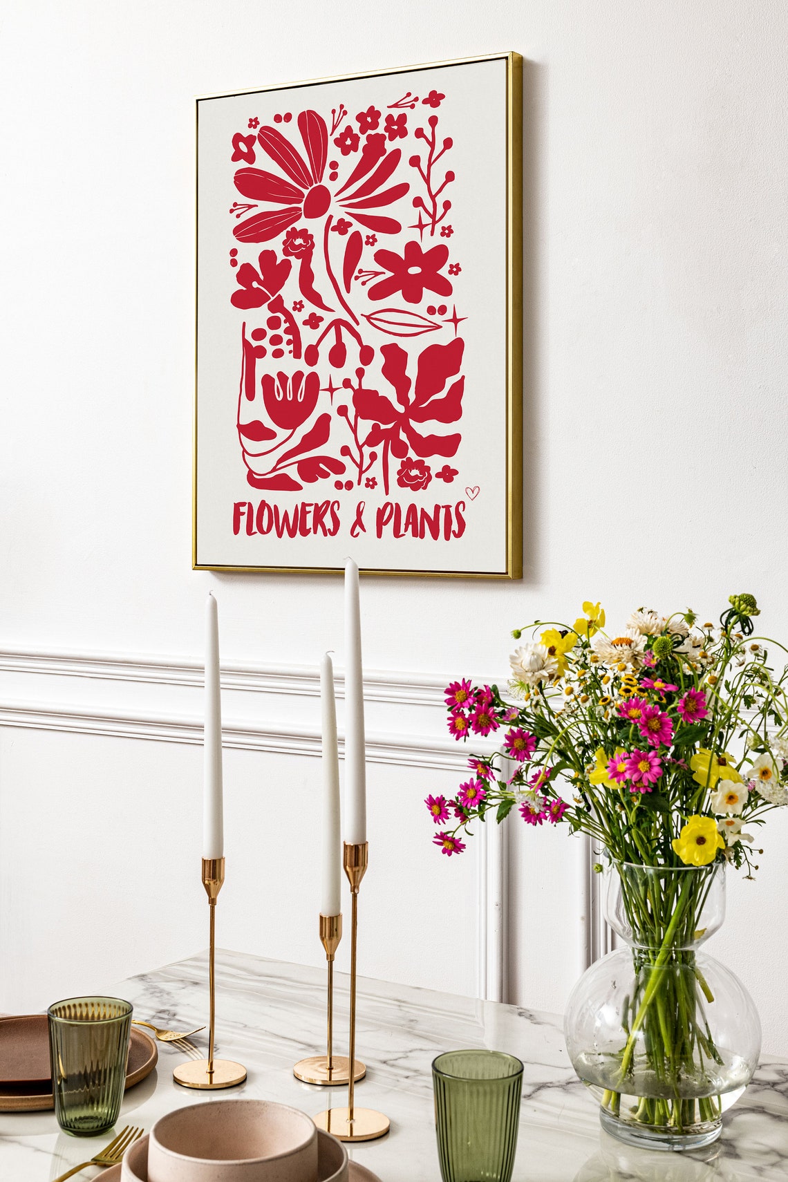 Bold Red Flowers and Plants Vintage Botanical Silhouette Art Poster - Image 2