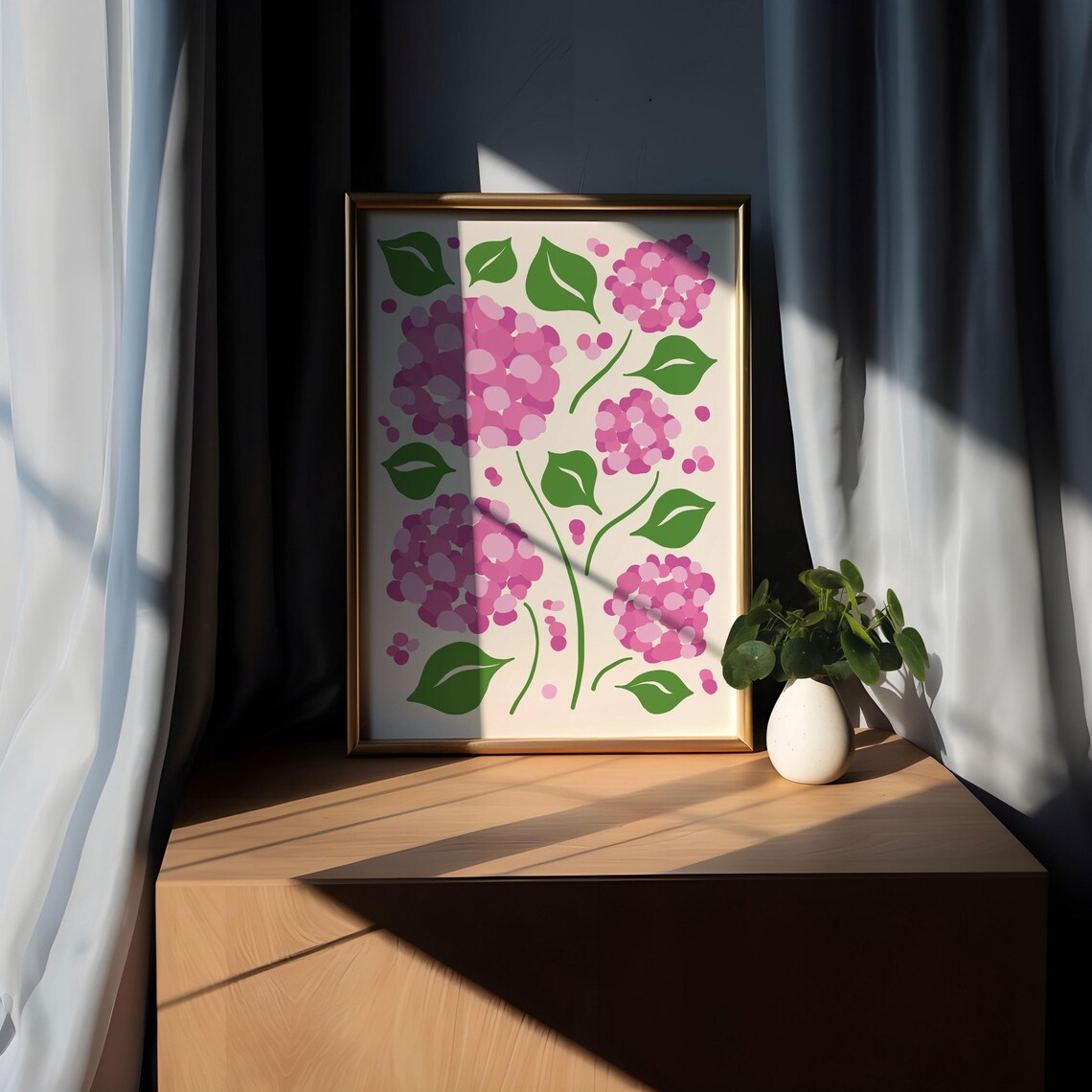 Pink Hydrangea Botanical Poster with Green Leaves on Cream Background - Image 5