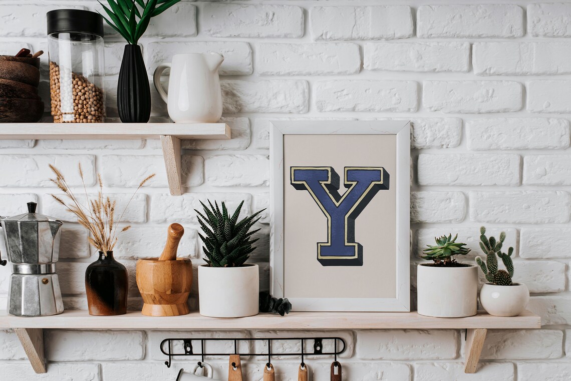 Letter Y Navy Blue 3D Collegiate Alphabet Typography Boys Room Decor Poster - Image 2