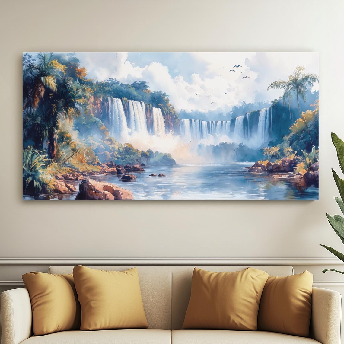 Tropical Waterfall Jungle Falls Painting Palm Trees River Poster