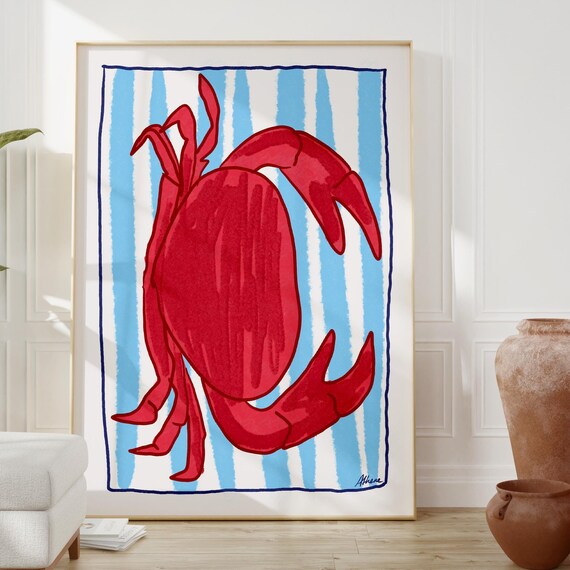 Red Crab Poster Coastal Decor Blue And White Wall Art Beach Shells Hand Drawn Ocean Printswest Coast East Old Money