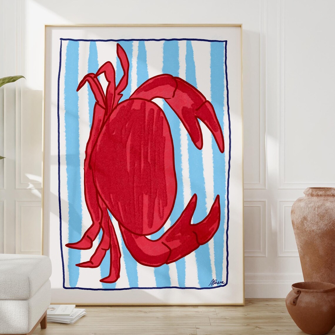 Big Red Crab on Blue Stripes Bold Coastal Seafood Kitchen Poster