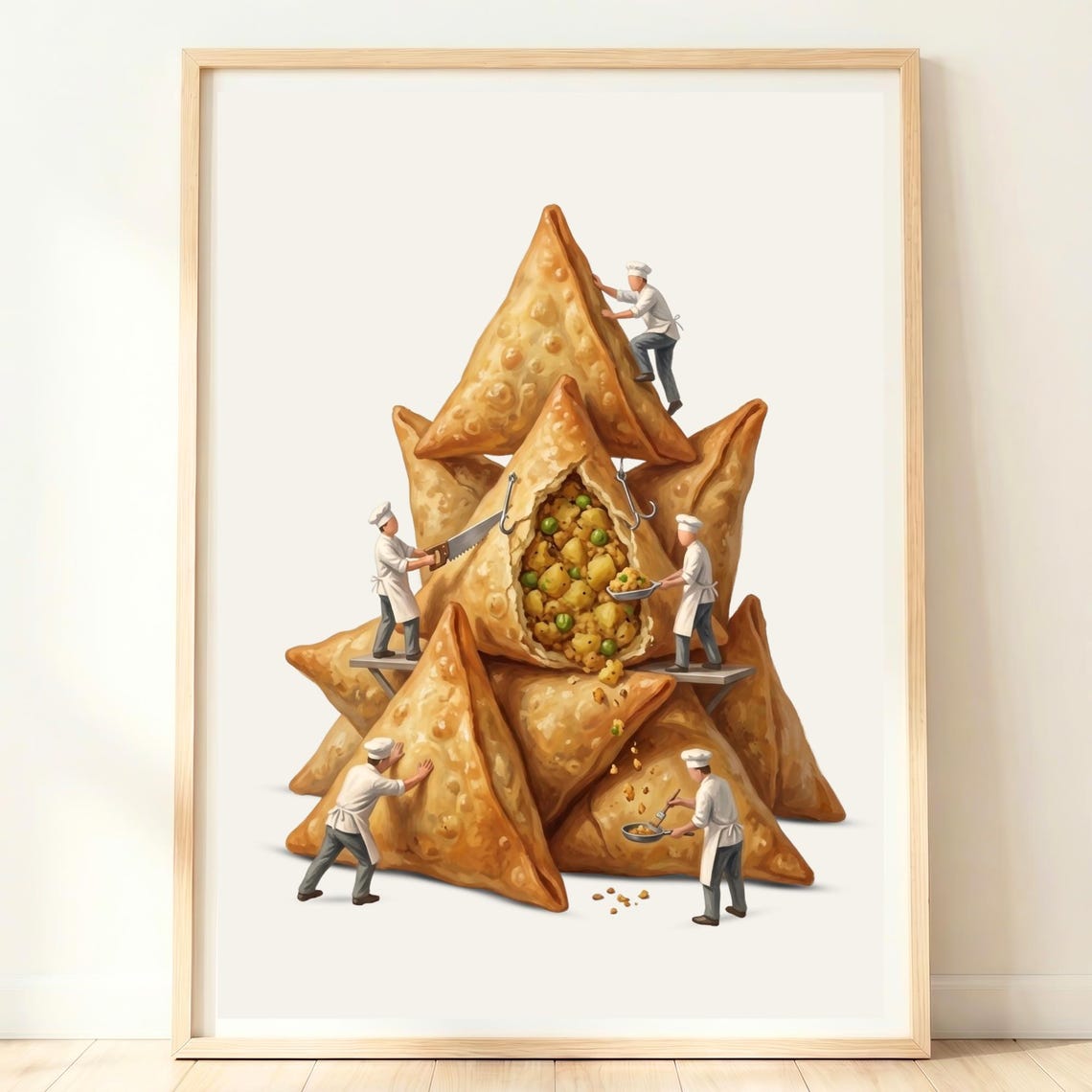 Giant Crispy Samosa Tower Miniature Chefs Indian Food Art Poster