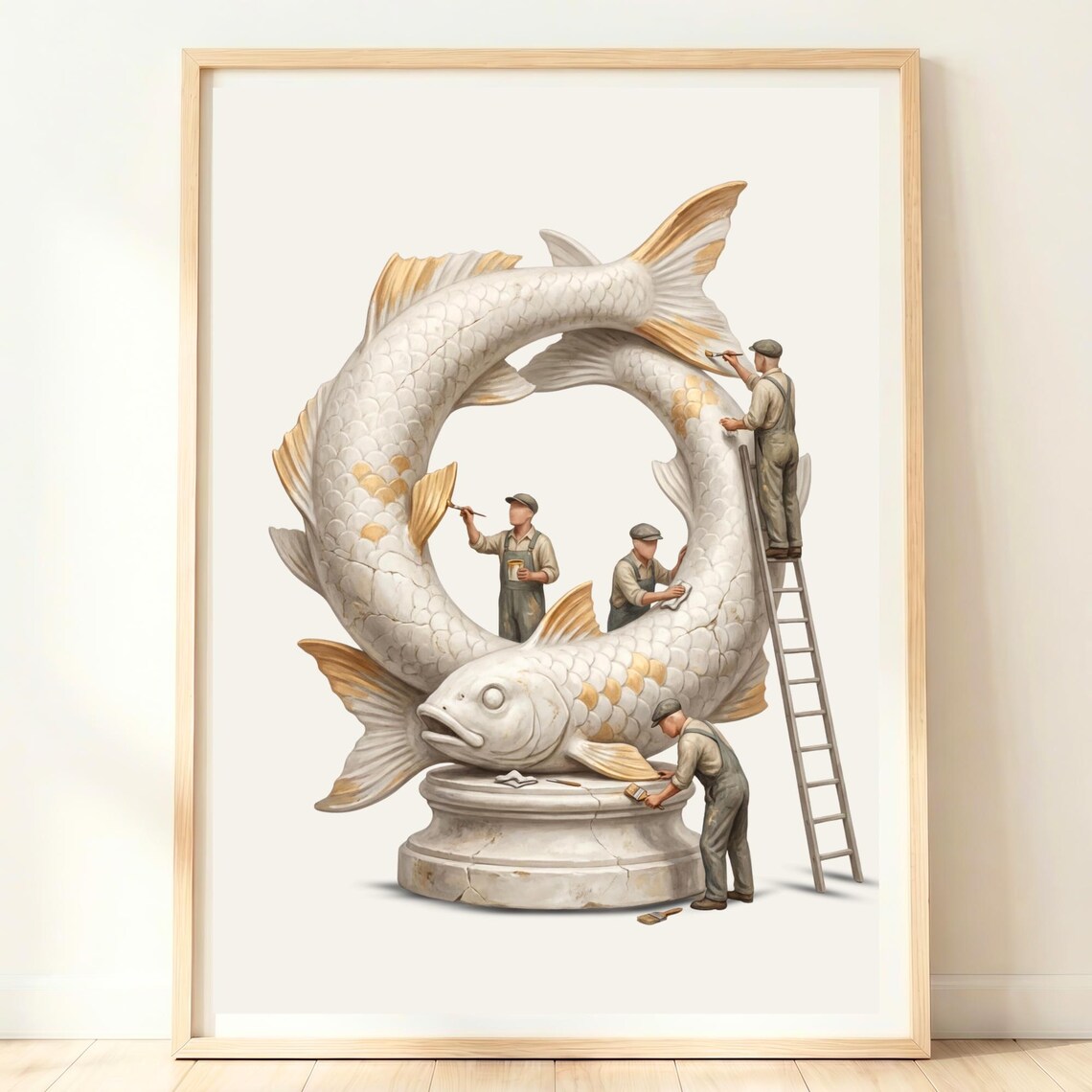 Pisces Zodiac Whimsical Twin Koi Fish Statue Painting Poster