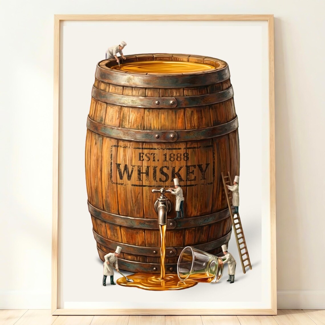 Whiskey Barrel Art Print, Rustic Bar Decor