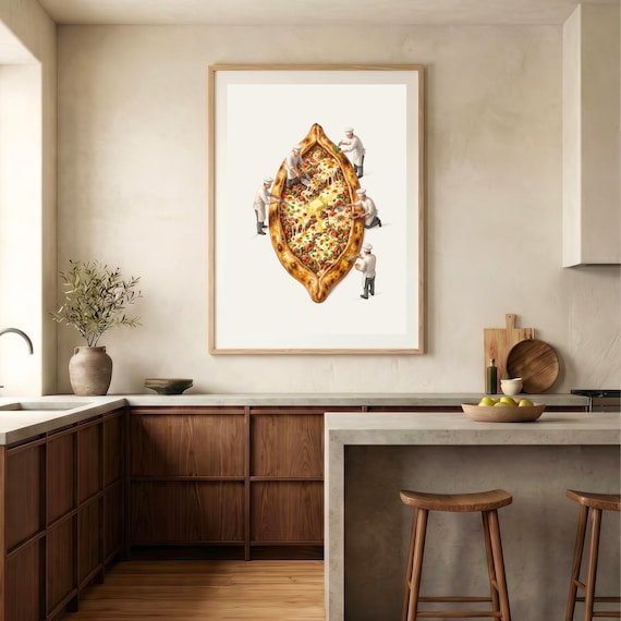 Turkish Pide with Tiny Chefs Whimsical Kitchen Food Art Poster